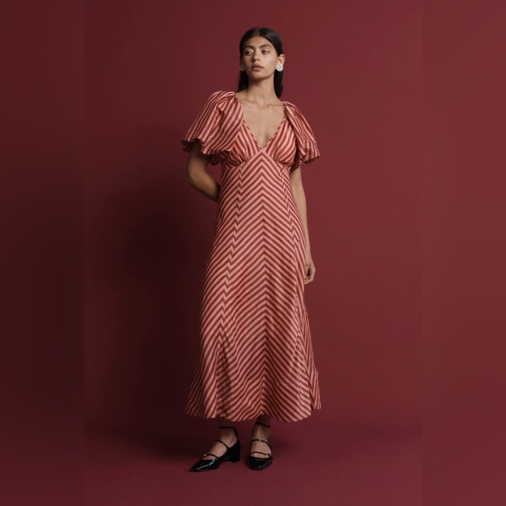Lovaan Studios Tess Striped Linen Silk Puff Sleeve Midi Dress Humbug Stripe 12